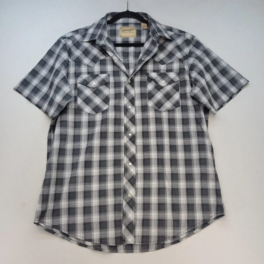 Wrangler Western Shirt Mens Large Gray Blue Plaid Short Sleeve Pearl Snap